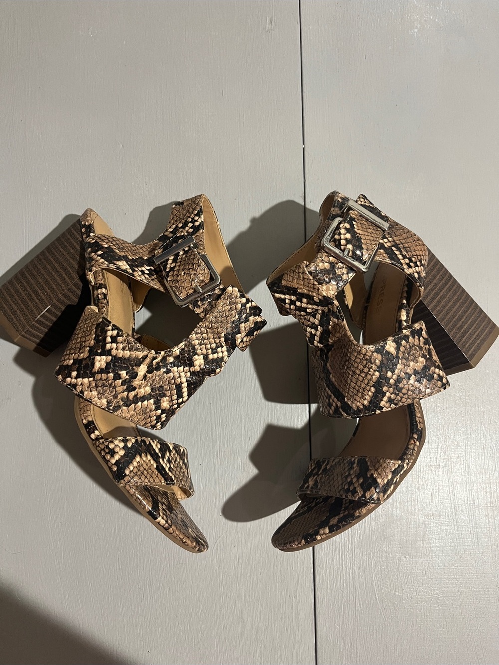Express Snake-Print Block Heel Sandals - Tan, Brown & Black